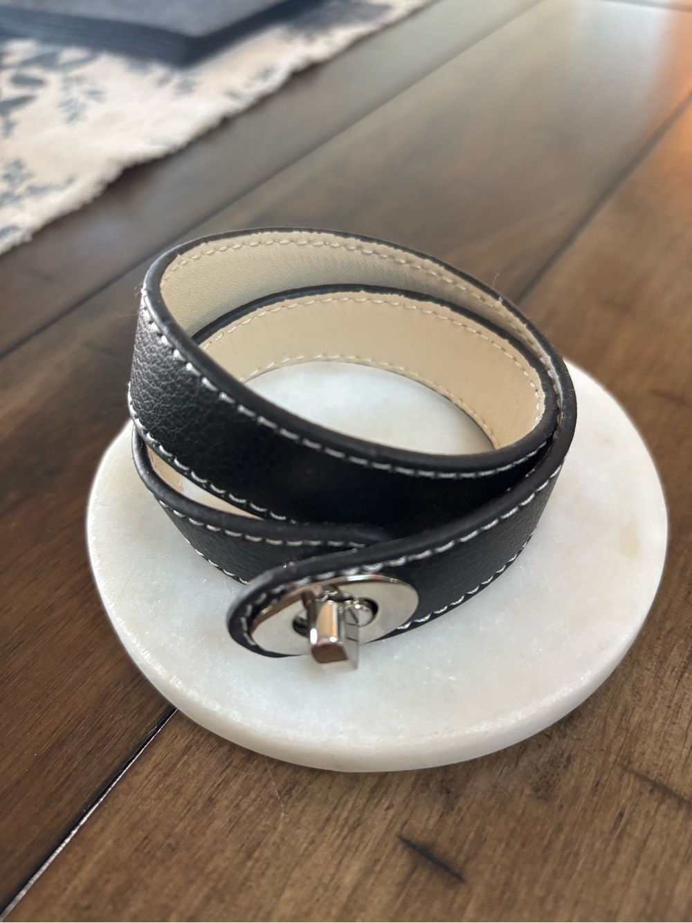 Black Double-Wrap Leather Bracelet with Silver Turn-Lock